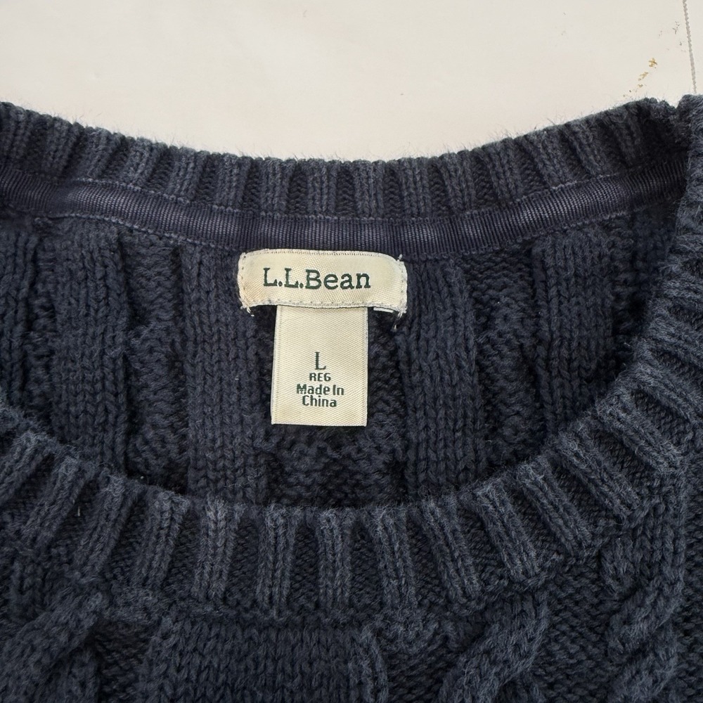 LL Bean‎ Navy Blue Double L Mixed Cable Crew Neck Pullover Cotton Sweater LARGE - Picture 8 of 9
